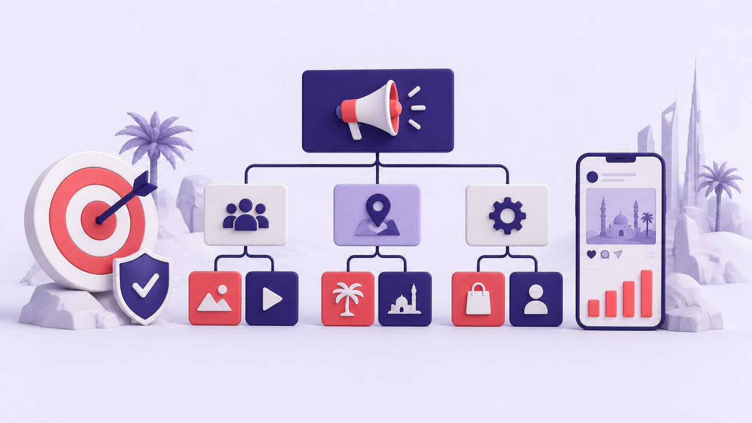 Indigo and coral paid social campaign tree with audience and creative symbols, a target, and an illustrated smartphone.