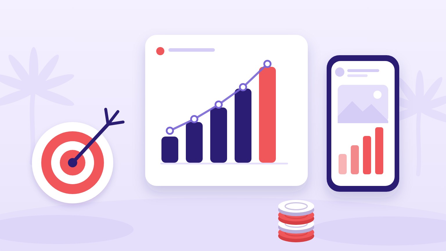 Indigo and coral illustration of a rising bar chart, a target with an arrow, a stack of coins and a phone showing an ad dashboard, representing Meta Ads budget planning.