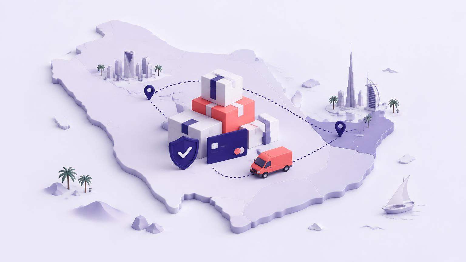 Indigo and coral shipping parcels, a payment card and delivery van on an illustrated Arabian Peninsula connecting Saudi Arabia and the UAE.