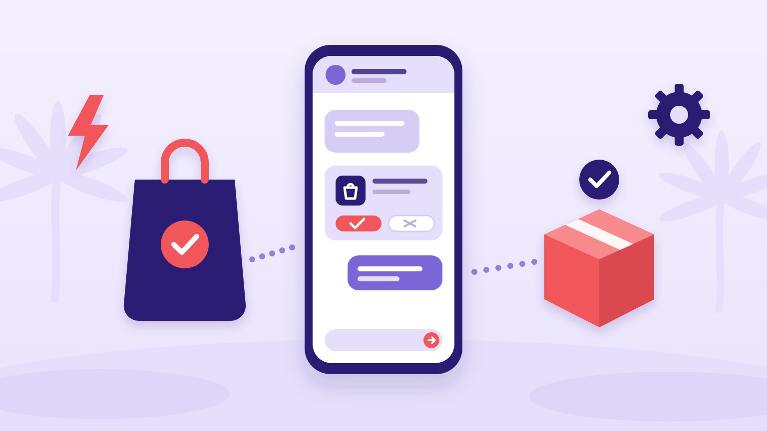 Indigo and coral illustration of a phone showing an order confirmation chat with confirm and cancel buttons, between a shopping bag and a delivery parcel.